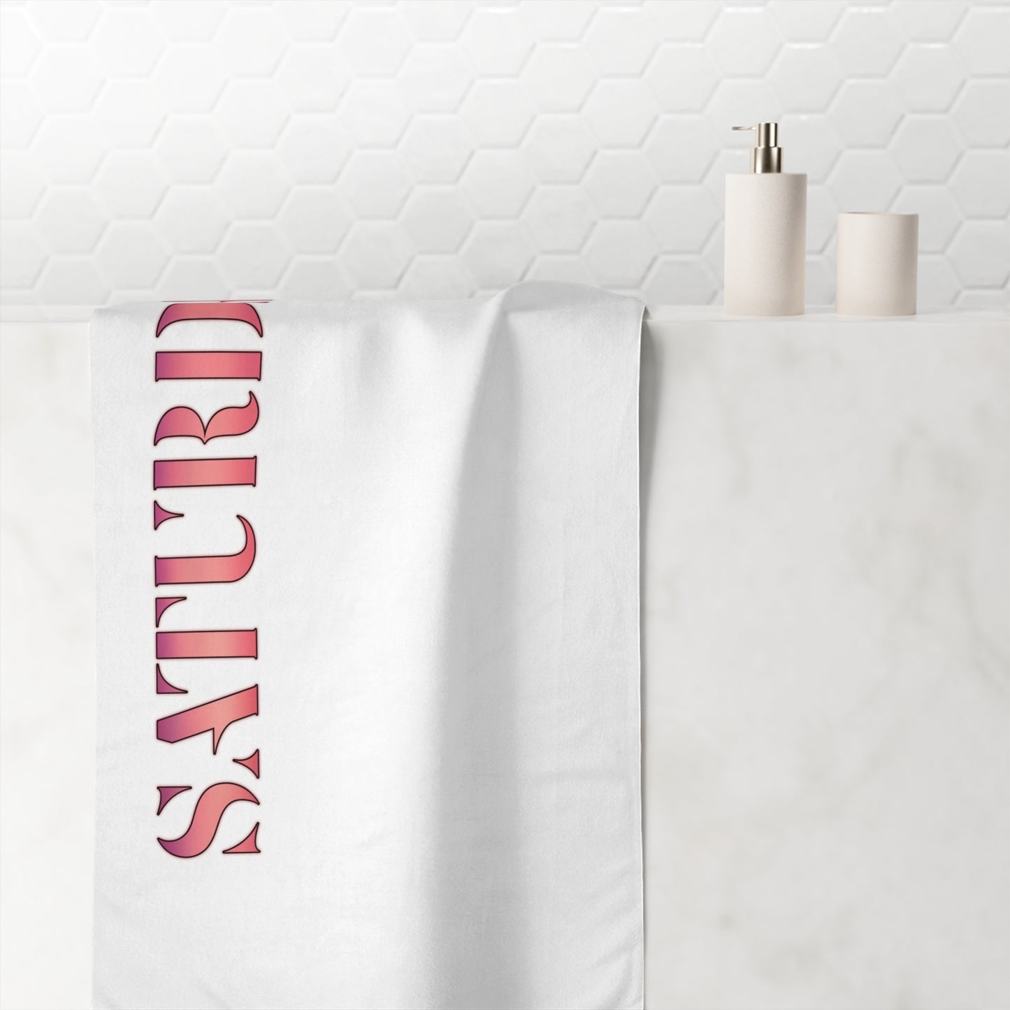 Beach Towel — 'SATURDAY' Pink Stencil Design