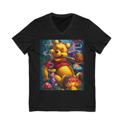 Graphic V‑Neck Tee — Psychedelic Bear Smoking Pipe Art
