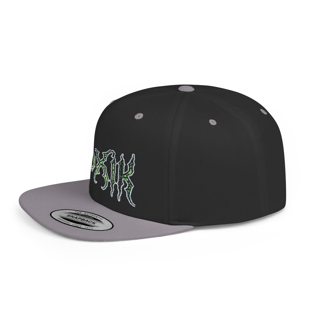 Flat Bill Snapback Hat — Green Drip Gothic Logo Embroidered Cap