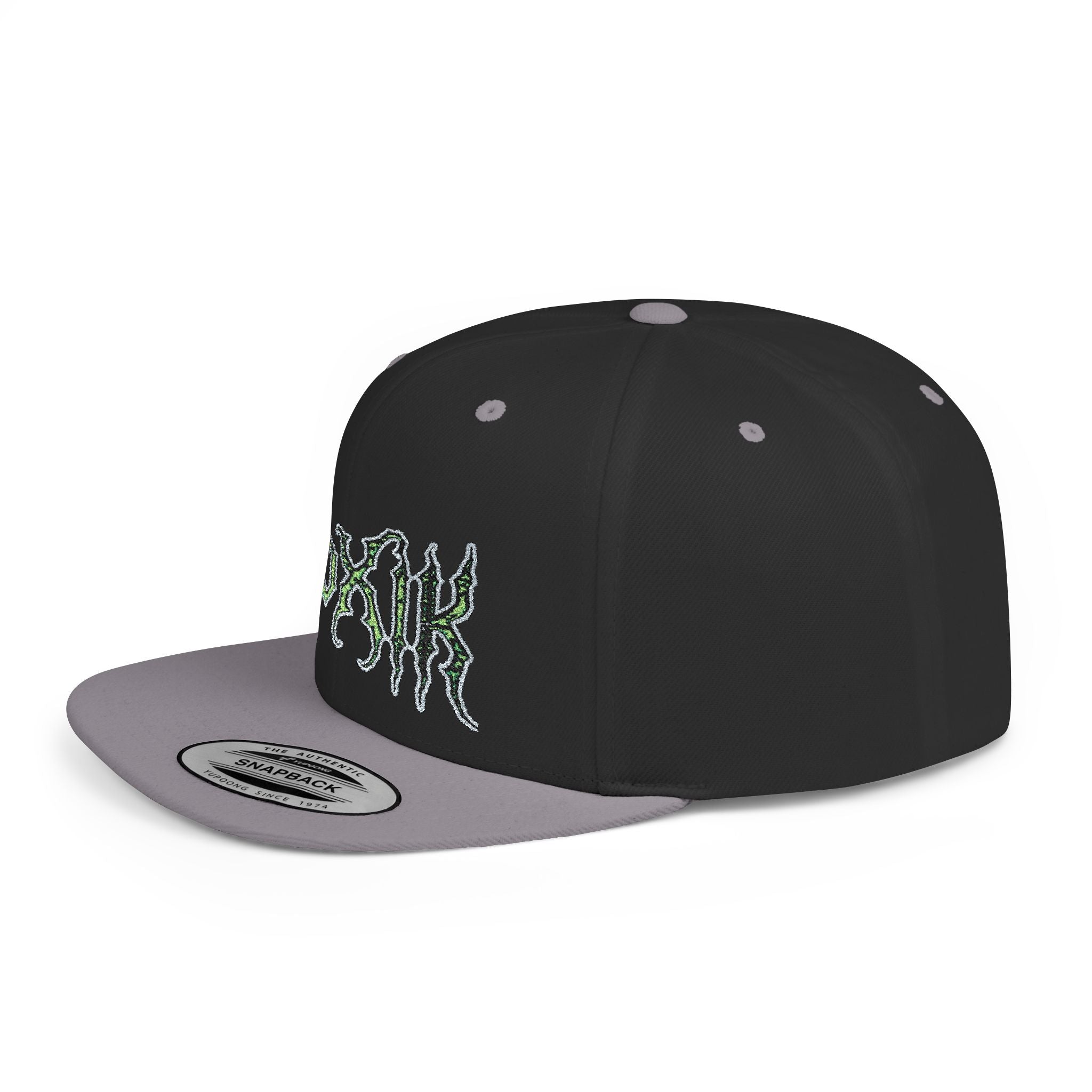 Flat Bill Snapback Hat — Green Drip Gothic Logo Embroidered Cap