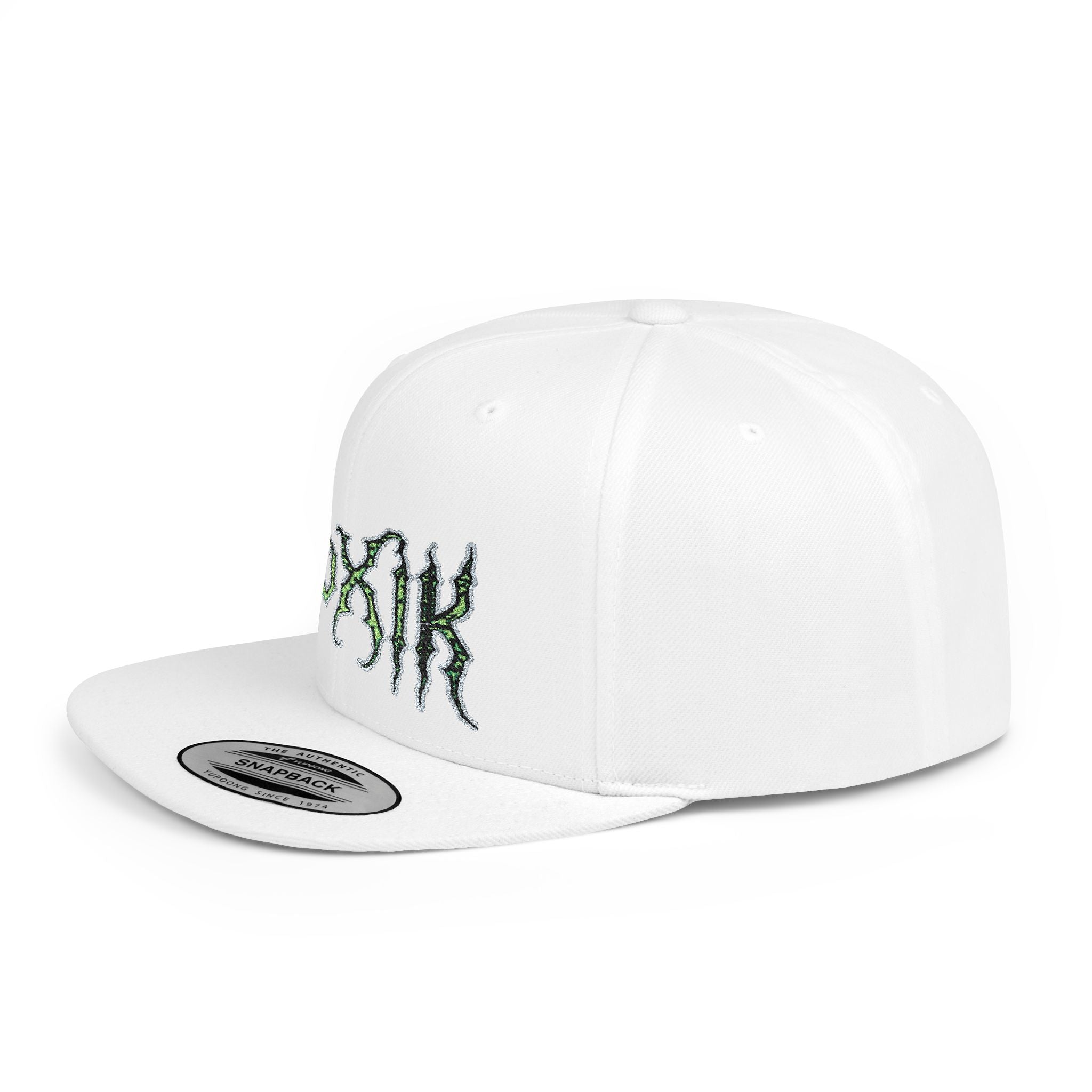 Flat Bill Snapback Hat — Green Drip Gothic Logo Embroidered Cap