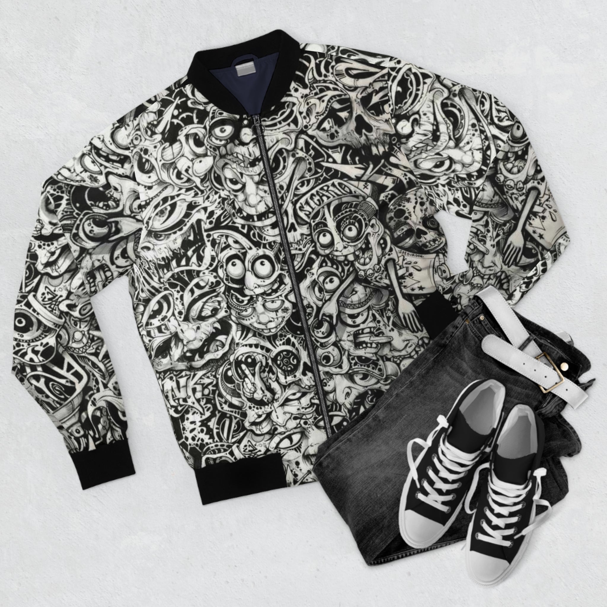 Doodle Skull All-Over Print Bomber Jacket