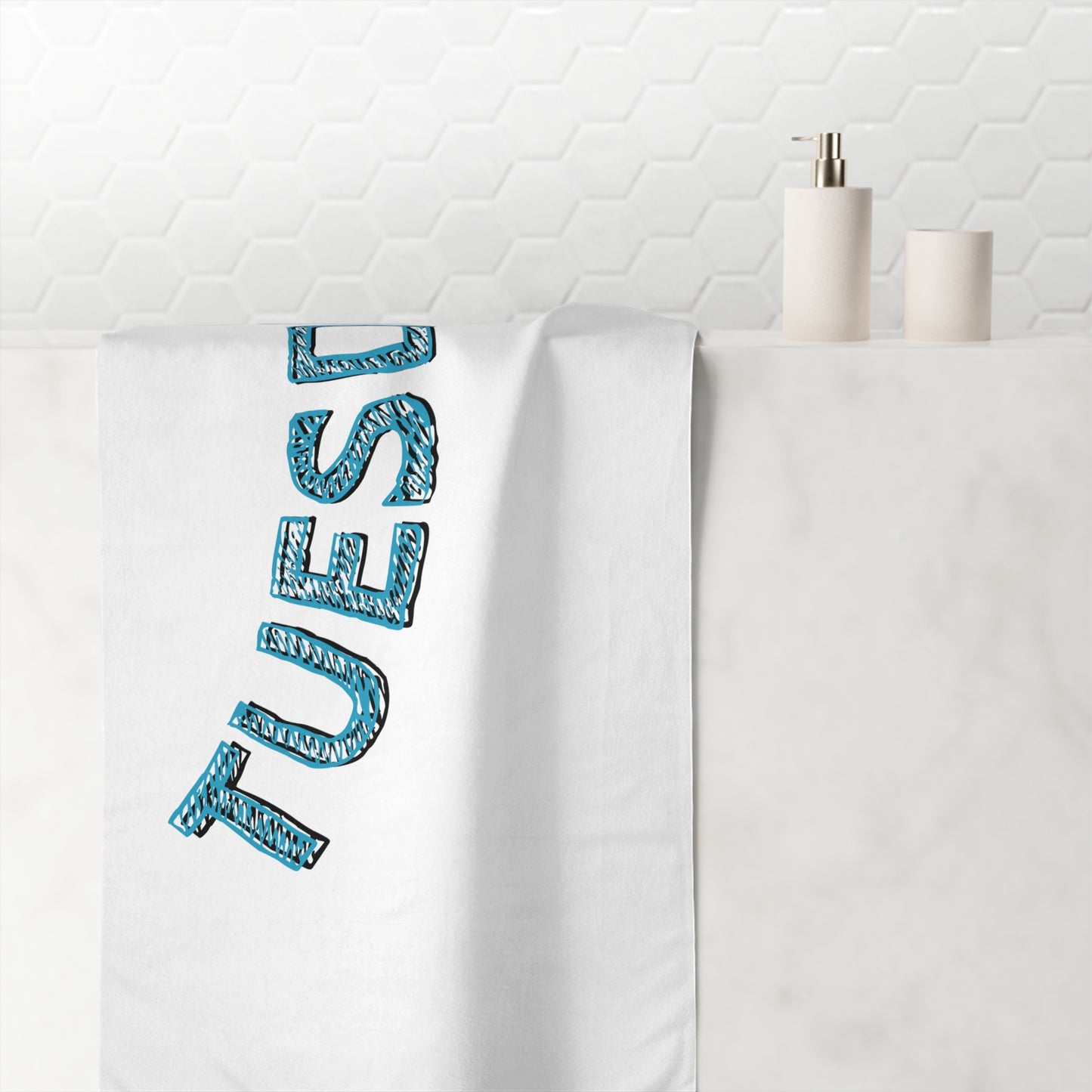 Tuesday Beach Towel — Blue Patterned "TUESDAY" Text