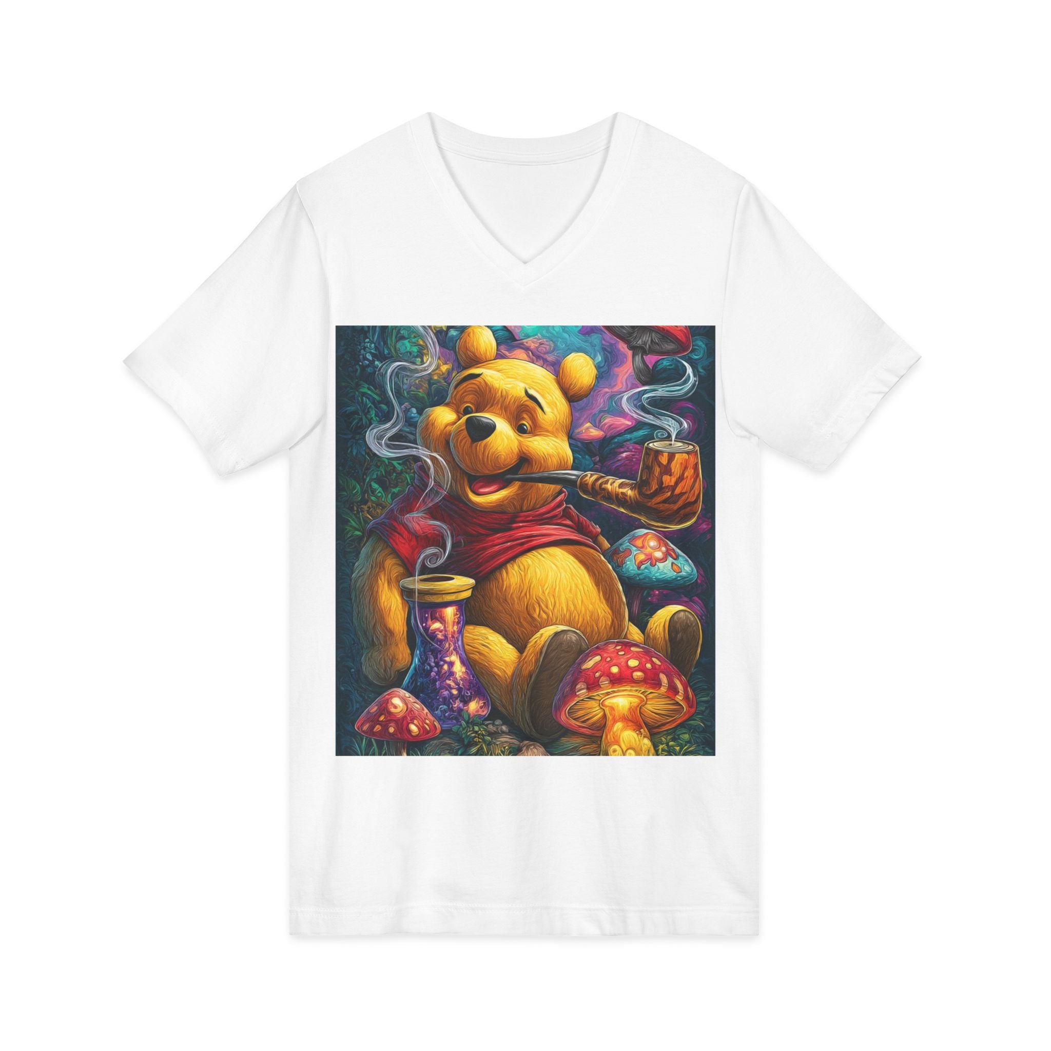 Graphic V‑Neck Tee — Psychedelic Bear Smoking Pipe Art