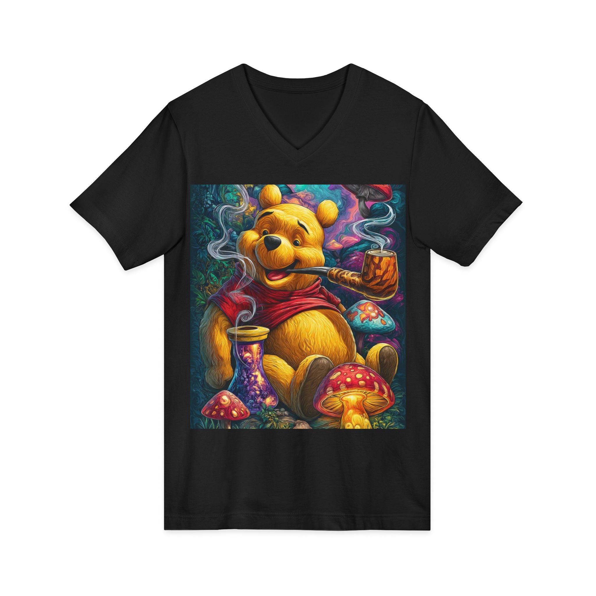 Graphic V‑Neck Tee — Psychedelic Bear Smoking Pipe Art