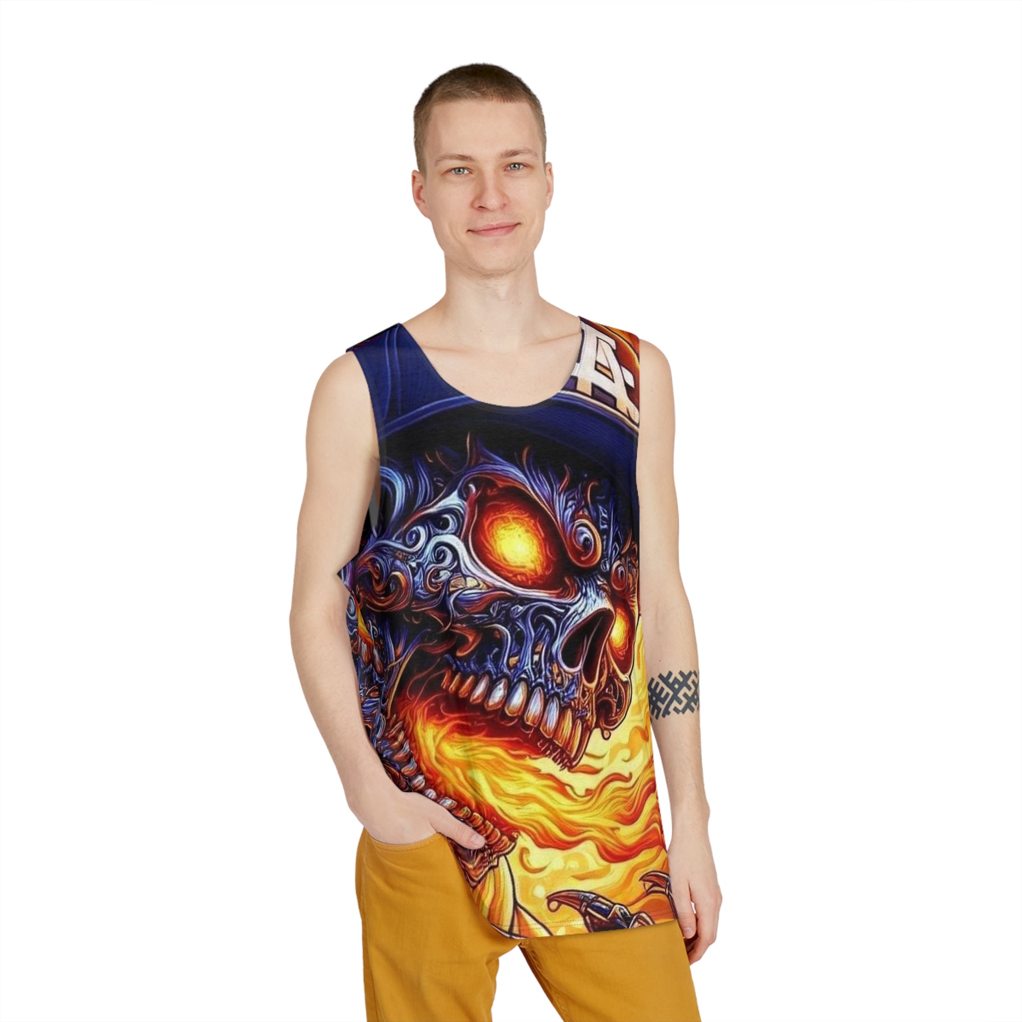 Skull Guitar Men's Tank — Fiery Skeleton Rock Music All-Over Print Tank Top