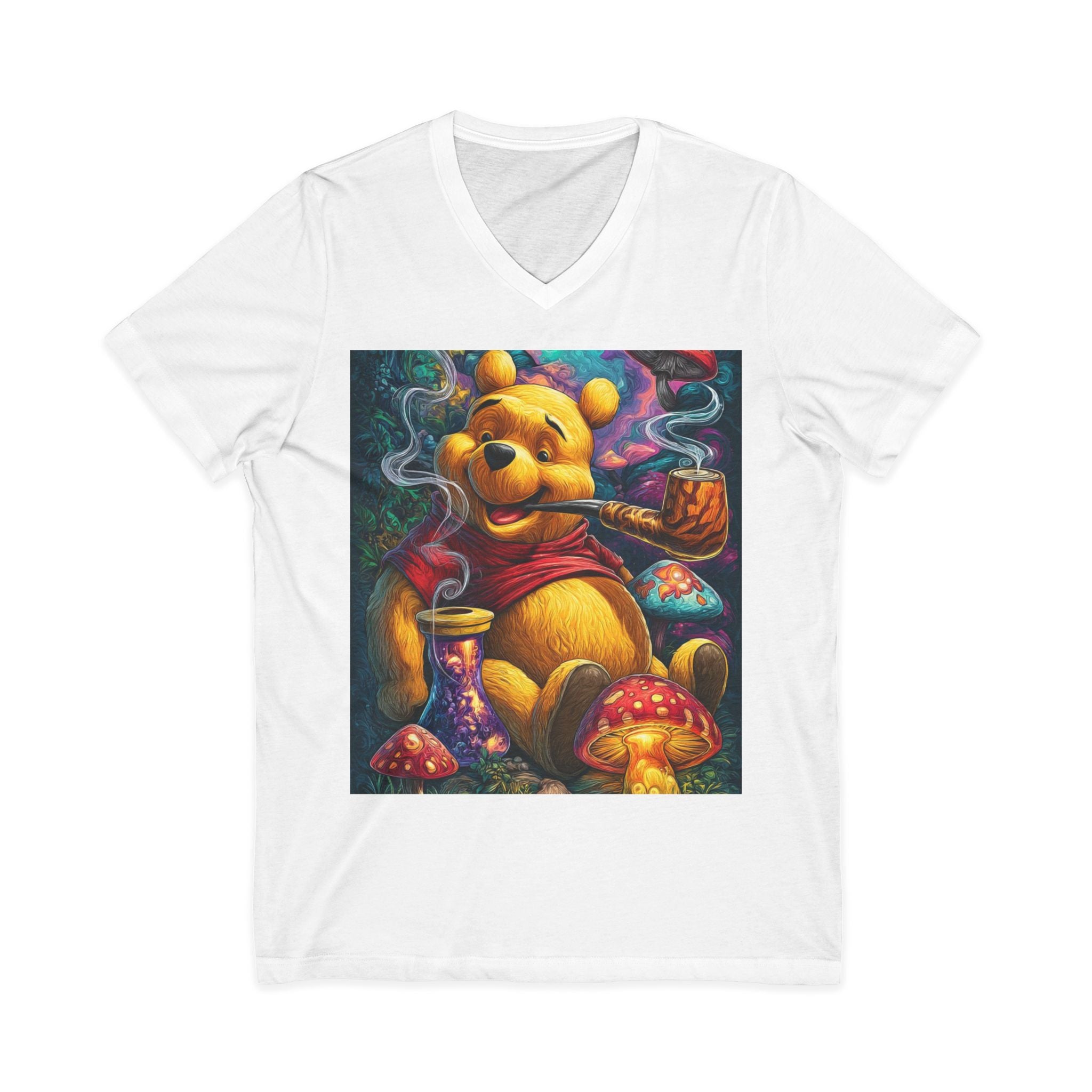Graphic V‑Neck Tee — Psychedelic Bear Smoking Pipe Art