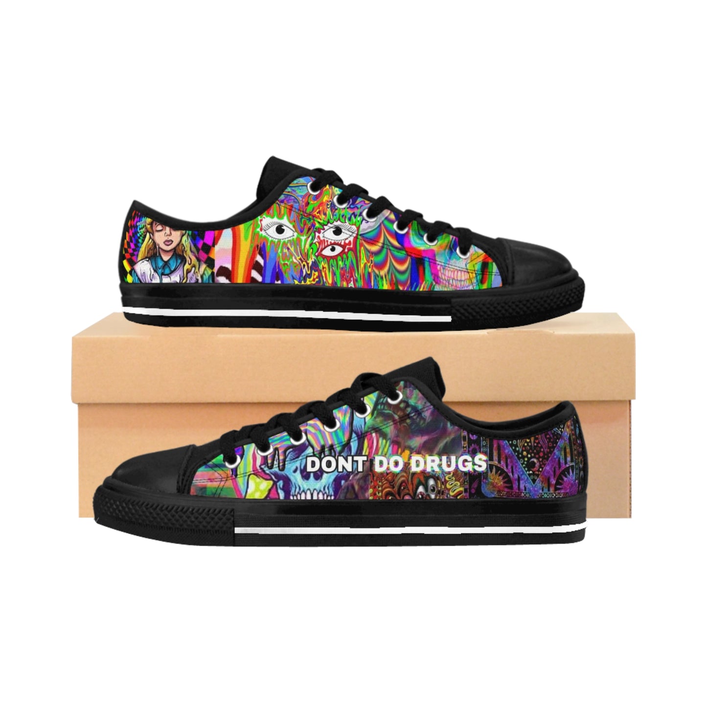 Men's Sneakers — Psychedelic Checkerboard Low-Top "DON'T DO DRUGS" Statement Shoes